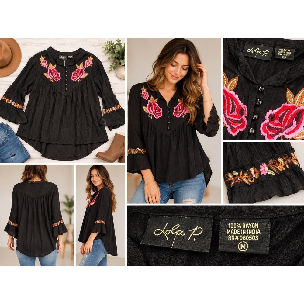 Lola P. Black Floral Embroidered Rayon Blouse Boho Peasant Top Medium